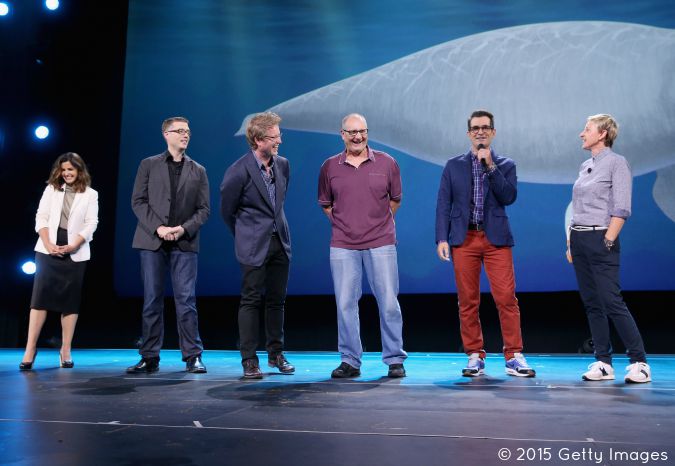 ANAHEIM, CA - AUGUST 14: (L-R) Producer Lindsey Collins, directors Angus MacLane and Andrew Stanton and actors Ed O'Neill, Ty Burrell and Ellen DeGeneres of FINDING DORY took part today in "Pixar and Walt Disney Animation Studios: The Upcoming Films" presentation at Disney's D23 EXPO 2015 in Anaheim, Calif. (Photo by Jesse Grant/Getty Images for Disney) *** Local Caption *** Ellen DeGeneres; Ed O'Neill; Lindsey Collins; Angus MacLane; Andrew Stanton; Ty Burrell