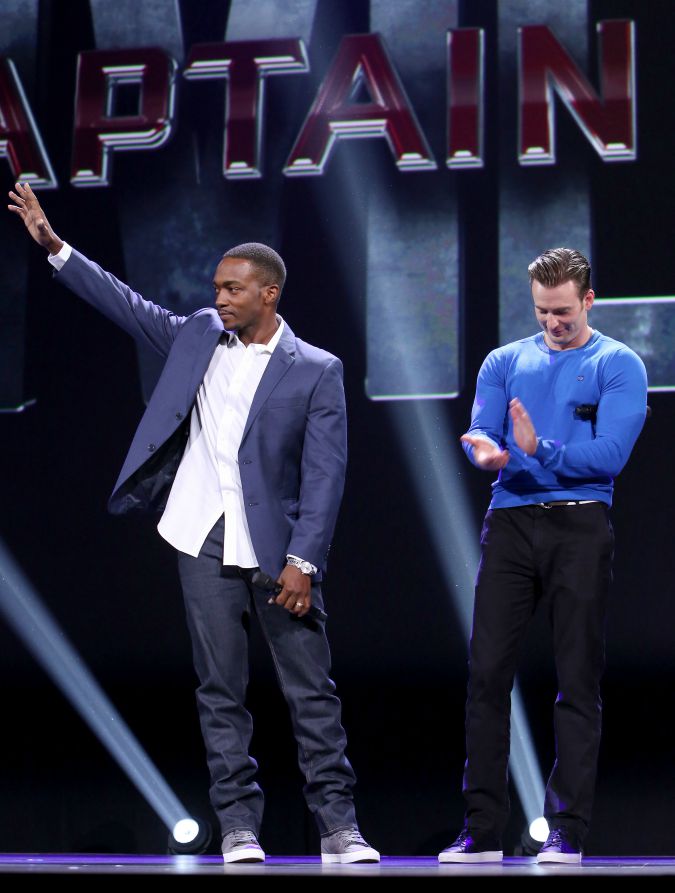 ANAHEIM, CA - AUGUST 15: Actors Anthony Mackie (L) and Chris Evans of CAPTAIN AMERICA: CIVIL WAR took part today in "Worlds, Galaxies, and Universes: Live Action at The Walt Disney Studios" presentation at Disney's D23 EXPO 2015 in Anaheim, Calif. (Photo by Jesse Grant/Getty Images for Disney) *** Local Caption *** Anthony Mackie; Chris Evans